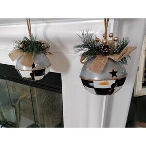Pair Metal Bell Christmas Ornaments 5"  Black White Checks Gold & Silver